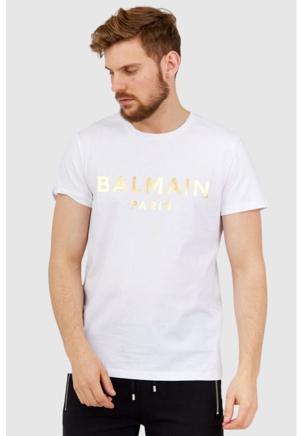 Balmain - BALMAIN Biały t-shirt męski ze złotym logo, Rozmiar S. Kolor: biały
