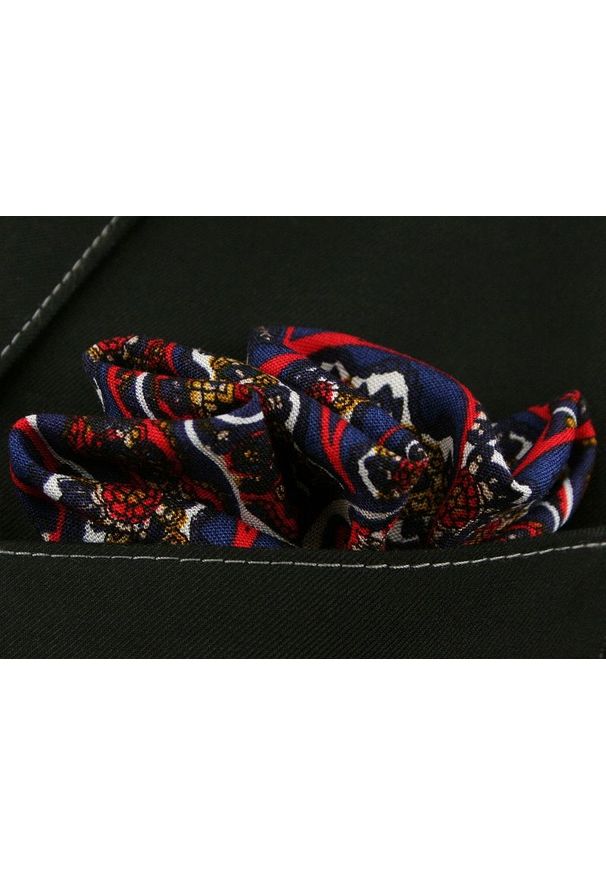Granatowo-Czerwona Męska Poszetka -EM Men's Accessories- w Orientalny Wzór. Kolor: czerwony, wielokolorowy, niebieski. Materiał: bawełna