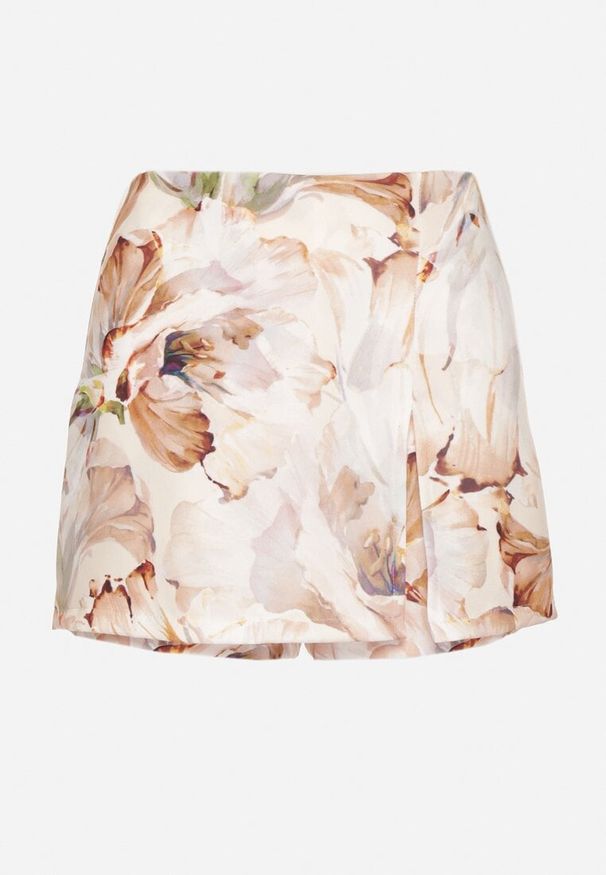 Born2be - Beżowe Spódnico-Szorty z Wysokim Stanem Ozdobione Kwiatami Deriani. Okazja: na co dzień. Stan: podwyższony. Kolor: beżowy. Wzór: aplikacja, kwiaty. Sezon: wiosna. Styl: casual, elegancki