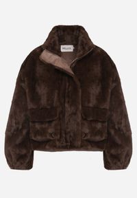 Born2be - Brązowa Futrzana Kurtka Ozdobiona Kieszeniami Vetilina. Okazja: na co dzień. Kolor: brązowy. Materiał: futro. Wzór: aplikacja. Styl: casual, elegancki #7