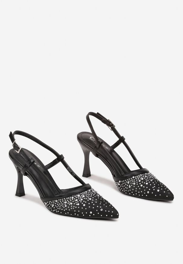 Born2be - Czarne Eleganckie Czółenka na Szpilce z Cyrkoniami i Odkrytą Piętą Elnamia. Zapięcie: sprzączka. Kolor: czarny. Sezon: lato. Obcas: na szpilce. Styl: elegancki