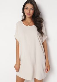 Born2be - Beżowa Mini Sukienka z Krótkim Rękawem o Fasonie Nietoperza Kharson. Kolor: beżowy. Długość rękawa: krótki rękaw. Styl: boho. Długość: mini #3