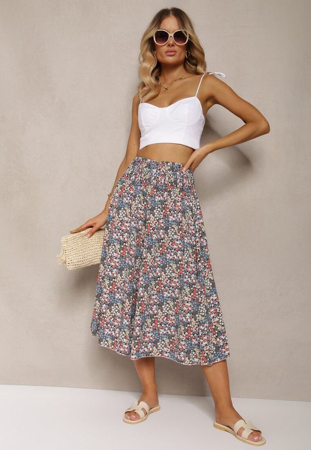 Renee - Niebiesko-Różowe Szerokie Spodnie Culotte High Waist z Gumką w Talii Vikiisona. Stan: podwyższony. Kolor: niebieski. Materiał: tkanina. Sezon: lato