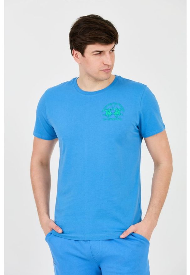 La Martina - LA MARTINA Błękitny męski t-shirt z dużym logo, Rozmiar M. Kolor: niebieski