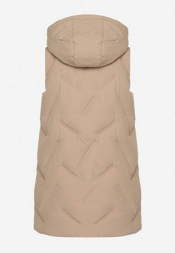 Born2be - Beżowa Casualowa Kamizelka z Kapturem i Pikowanymi Przeszyciami Caletta. Okazja: na co dzień. Typ kołnierza: kaptur. Kolor: beżowy. Materiał: jeans. Styl: casual