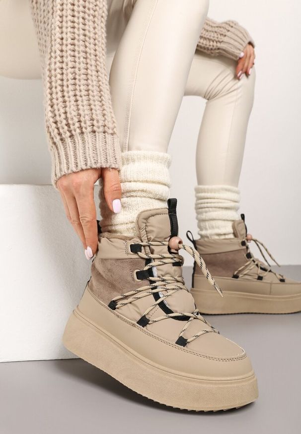 Born2be - Beżowe Śniegowce na Grubej Podeszwie ze Sznurowaną Cholewką i Futrzanym Ociepleniem Maltinnira. Okazja: na spacer. Kolor: beżowy. Materiał: futro. Szerokość cholewki: normalna. Sezon: zima. Styl: elegancki