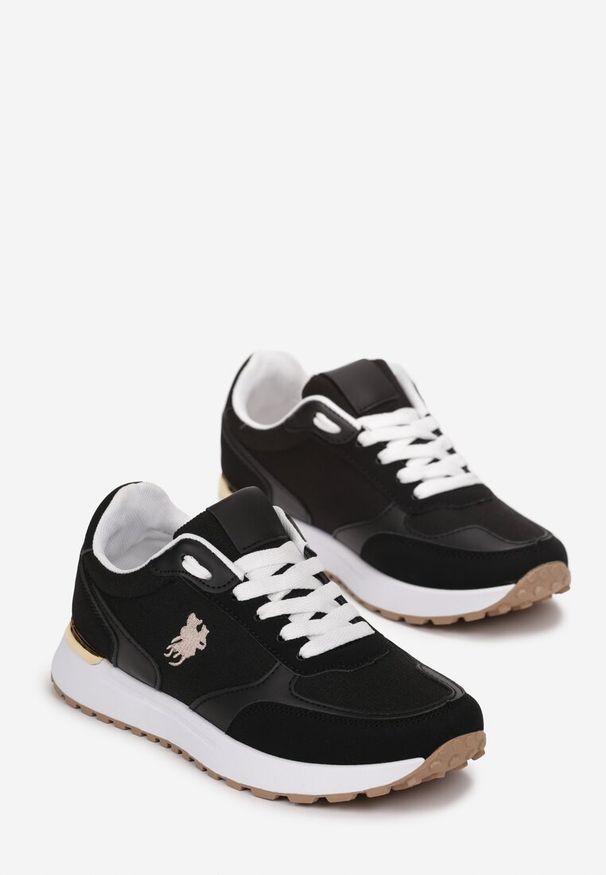 Renee - Czarne Sneakersy z Ozdobną Podeszwą i Przeszyciami Novajean. Okazja: na co dzień. Zapięcie: sznurówki. Kolor: czarny. Materiał: jeans