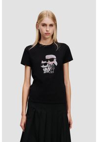 Karl Lagerfeld - KARL LAGERFELD Сzarny damski t-shirt z cyrkoniami Ikon Duo. Kolor: czarny