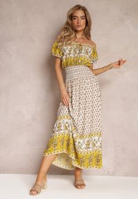 Renee - Żółta Sukienka Hiszpanka Maxi z Gumką w Pasie z Bawełny Eilena. Typ kołnierza: dekolt hiszpanka. Kolor: żółty. Materiał: bawełna. Długość rękawa: krótki rękaw. Długość: maxi