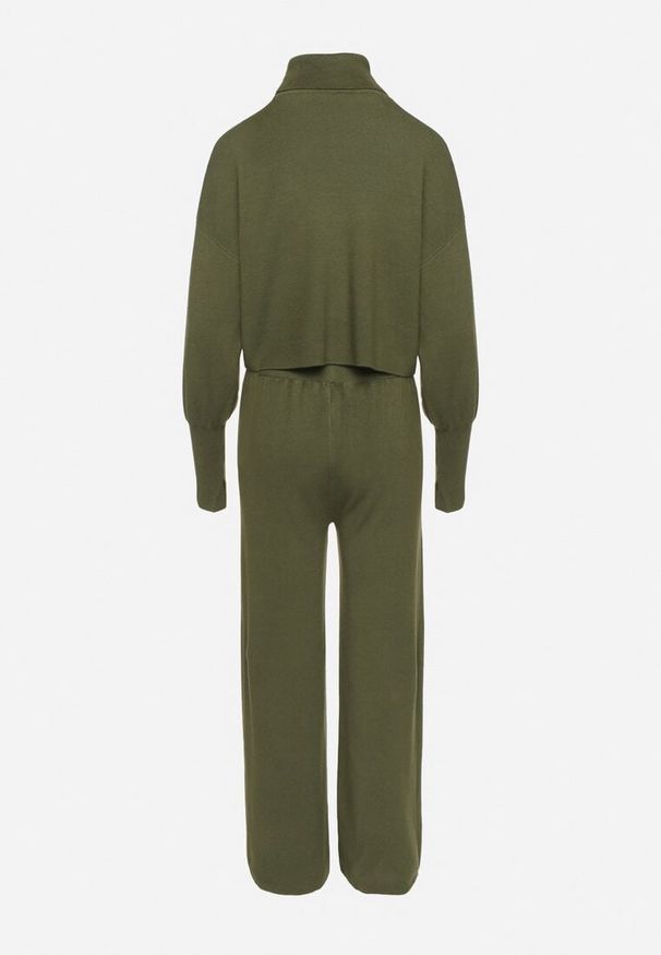 Born2be - Zielony Komplet Dzianinowy z Wiskozą Bluza Golf ze Ściągaczami i Szerokie Spodnie Noridra. Kolor: zielony. Materiał: wiskoza, dzianina