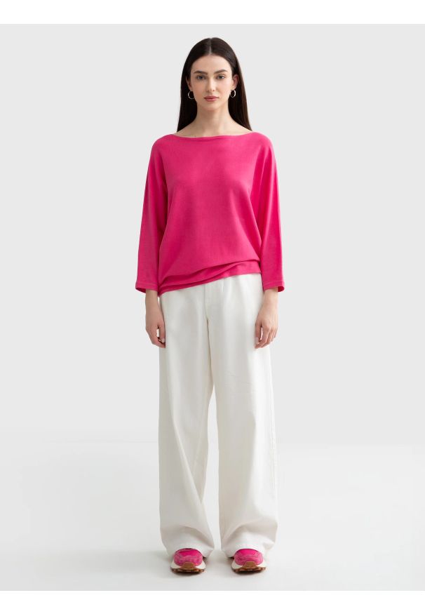 Big-Star - Sweter damski z wiskozy z rękawem 3/4 różowy Kikalia 601. Okazja: na co dzień. Typ kołnierza: dekolt w łódkę. Kolor: różowy. Materiał: wiskoza. Sezon: lato, wiosna. Styl: elegancki, casual