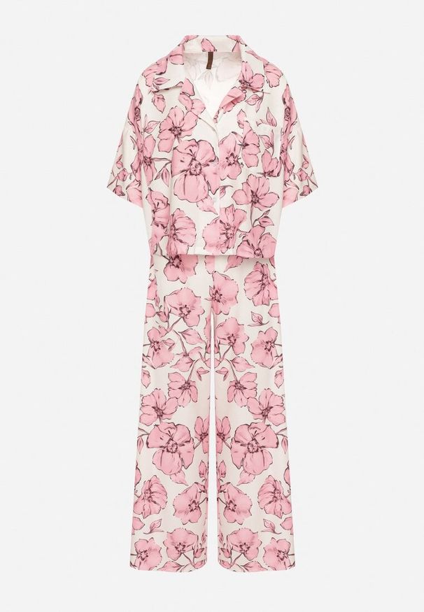 Born2be - Różowy Komplet w Kwiatowy Wzór Koszula z Krótkim Rękawem i Spodnie Revailise. Kolor: różowy. Wzór: kwiaty