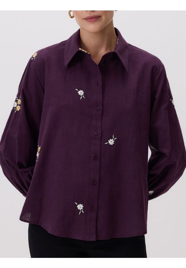 Reserved - Koszula z haftowanym wzorem - bordowy. Kolor: czerwony. Materiał: len, bawełna, tkanina. Wzór: haft