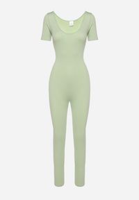 Born2be - Jasnozielony Długi Kombinezon Bodycon z Prążkowanej Dzianiny Selagia. Okazja: na co dzień. Kolor: zielony. Materiał: dzianina, prążkowany. Długość: długie. Styl: casual