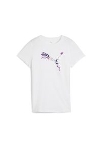 Puma - Damska koszulka z logo GRAPHICS Floral Cat PUMA White. Kolor: biały. Materiał: guma. Wzór: kwiaty, nadruk