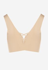 Born2be - Beżowy Biustonosz Sportowy z Siateczką i Gorsetowym Zdobieniem Saliatessa. Kolor: beżowy. Rodzaj stanika: wyciągane miseczki. Wzór: aplikacja #5