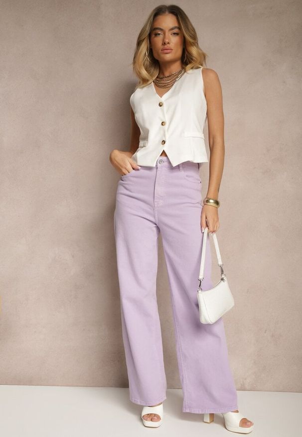 Renee - Fioletowe Jeansy High Waist o Szerokim Kroju Silseli. Okazja: na co dzień. Stan: podwyższony. Kolor: fioletowy. Styl: elegancki, casual