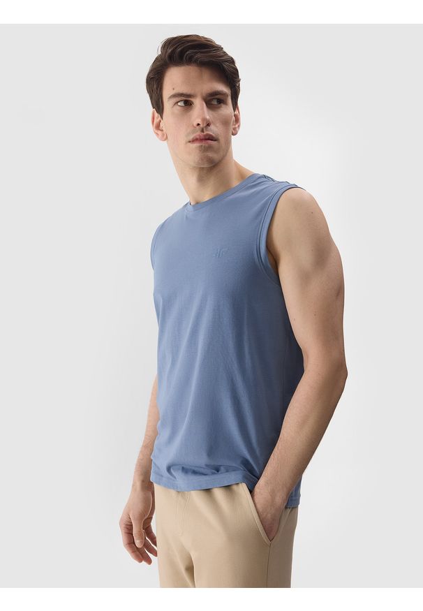 4f - Tank top regular gładki męski - denim. Kolor: niebieski. Materiał: denim. Długość rękawa: na ramiączkach. Wzór: gładki