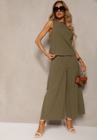 Renee - Ciemnozielony Komplet z Bawełny Spodnie Culottes i Luźny Top Tinelia. Kolor: zielony. Materiał: bawełna. Wzór: aplikacja #5