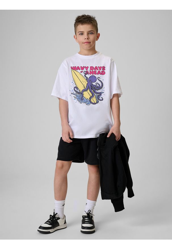 4f - 4F T-shirt loose z nadrukiem chłopięcy - biały 158/164 (12-14 lat). Okazja: na co dzień. Kolor: biały. Materiał: dzianina, skóra, bawełna. Wzór: nadruk. Sezon: lato. Styl: casual