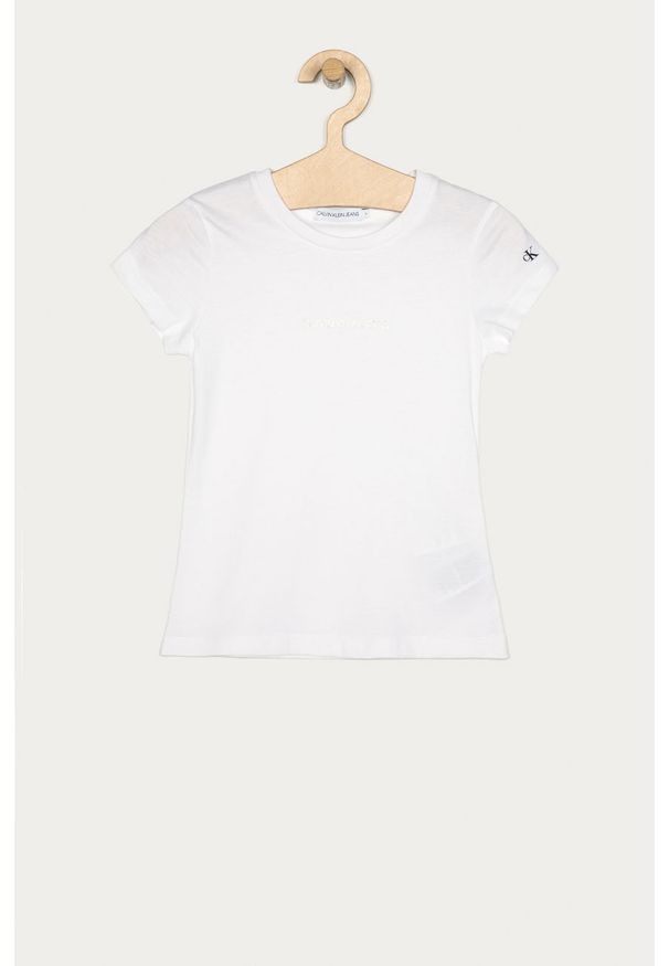 Calvin Klein Jeans - T-shirt dziecięcy 104-176 cm. Okazja: na co dzień. Kolor: biały. Materiał: bawełna, dzianina. Wzór: nadruk. Styl: casual