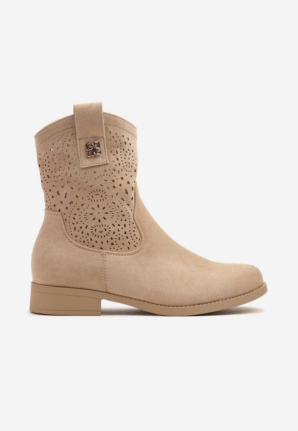 Born2be - Ciemnobeżowe Botki w Stylu Kowbojek z Ażurowymi Wycięciami Efadriana. Kolor: beżowy. Wzór: ażurowy