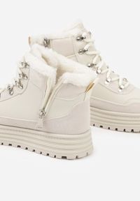 Renee - Beżowe Sneakersy w Stylu Traperów na Platformie Ewedora. Okazja: na co dzień. Kolor: beżowy. Materiał: jeans. Obcas: na platformie #2