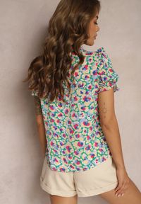 Renee - Żółto-Zielona Koszula z Krótkimi Rękawami z Falbanką Vanilisa. Kolor: żółty. Materiał: jeans, tkanina. Długość rękawa: krótki rękaw. Długość: krótkie