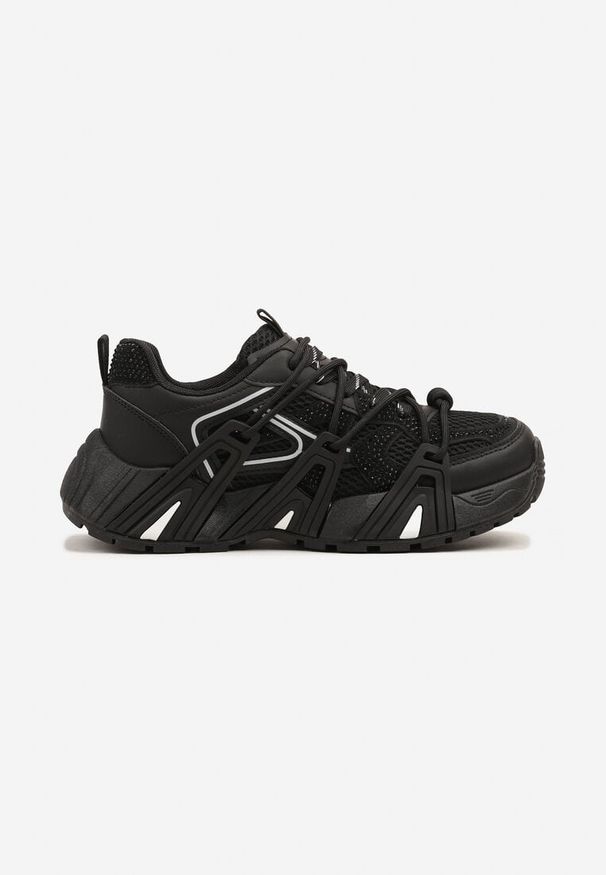 Born2be - Czarne Sneakersy na Grubej Podeszwie z Geometrycznym Wzorem i Cyrkoniami Lavinoria. Okazja: na co dzień. Kolor: czarny. Materiał: jeans. Wzór: geometria