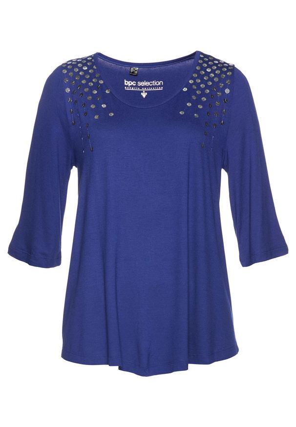 Tunika shirtowa z cekinami bonprix szafirowy. Kolor: niebieski. Materiał: materiał, elastan, wiskoza. Wzór: aplikacja