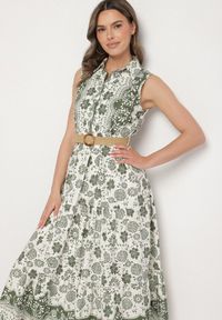 Born2be - Zielona Bawełniana Sukienka o Koszulowym Kroju Bez Rękawów z Paskiem Mirulenia. Okazja: na co dzień. Typ kołnierza: dekolt w kształcie V. Kolor: zielony. Materiał: bawełna. Długość rękawa: bez rękawów. Wzór: haft, aplikacja, kwiaty. Typ sukienki: koszulowe. Styl: casual #2