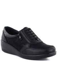 Półbuty damskie na koturnie gumki komfortowe czarne Unisoft 9016. Kolor: czarny. Materiał: skóra ekologiczna. Obcas: na koturnie #1