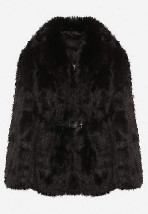 Born2be - Czarna Elegancka Kurtka Futerko z Paskiem z Klamrą Gonne. Okazja: na spacer, na imprezę, na co dzień. Kolor: czarny. Materiał: futro. Styl: elegancki