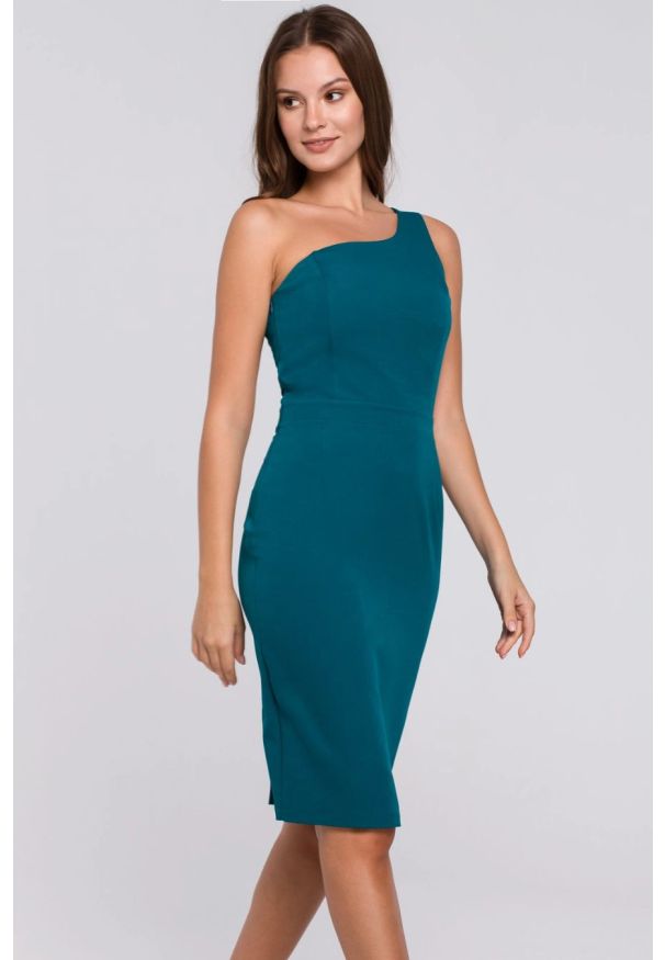 Sukienki.shop - Elegancka sukienka na jedno ramię ołówkowa morska. Okazja: na randkę, do pracy, na imprezę. Kolor: morski, czerwony. Typ sukienki: ołówkowe. Styl: elegancki. Długość: midi