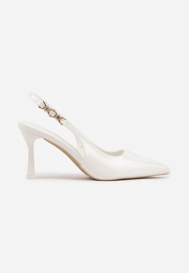 Renee - Białe Eleganckie Szpilki Slingback VICES z Ozdobną Aplikacją przy Pasku Natera. Zapięcie: pasek. Kolor: biały. Wzór: aplikacja. Obcas: na szpilce. Styl: elegancki. Wysokość obcasa: średni