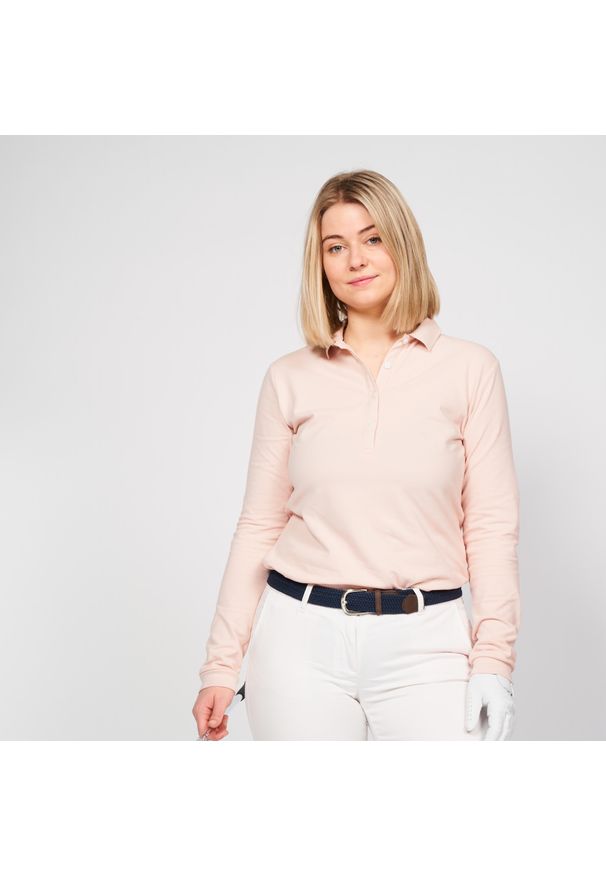INESIS - Koszulka polo do golfa z długim rękawem damska MW500. Typ kołnierza: golf, polo. Kolor: różowy. Materiał: bawełna, materiał, elastan. Długość rękawa: długi rękaw. Długość: długie