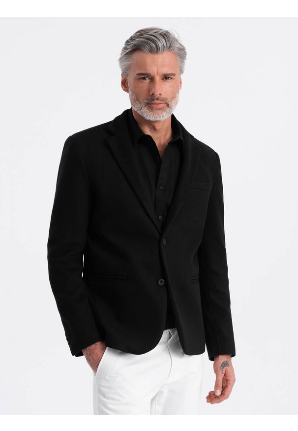 Ombre Clothing - Marynarka męska casual z ozdobnymi guzikami na mankietach - czarna V3 - Rozmiar: M. Okazja: na co dzień. Kolor: czarny. Materiał: poliester. Styl: casual