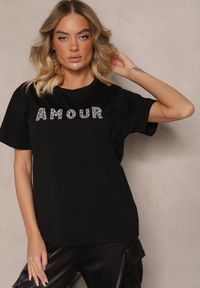 Renee - Czarny Bawełniany T-shirt z Napisem z Cekinami Marivinna. Okazja: na co dzień. Kolor: czarny. Materiał: bawełna. Wzór: napisy. Styl: klasyczny, casual, elegancki #5