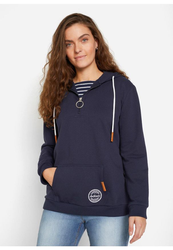 bonprix - Bluza z kapturem z mieszanki bawełny. Typ kołnierza: kaptur. Kolor: niebieski. Materiał: bawełna