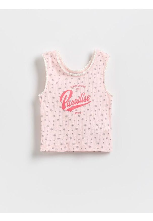Reserved - Wzorzysty top - pastelowy róż. Kolor: różowy. Materiał: bawełna. Długość: krótkie