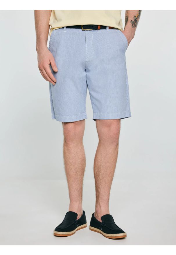 Big-Star - Szorty męskie bawełniane błękitne Gusto 401. Kolor: niebieski. Materiał: bawełna. Wzór: prążki. Styl: klasyczny, wakacyjny