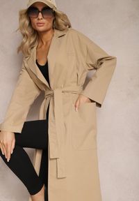 Renee - Beżowy Płaszcz z Wiązanym Paskiem Oversize Terethia. Kolor: beżowy. Materiał: materiał. Wzór: aplikacja