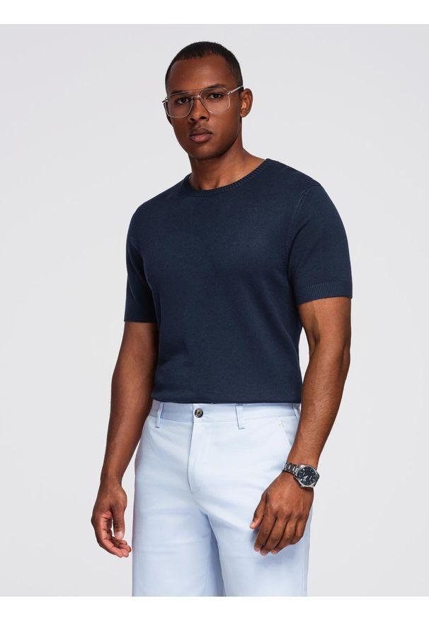 Ombre Clothing - Męska klasyczna dzianinowa koszulka ze ściągaczami– granatowa V1 OM-TSCT-0252 - XXL. Kolor: czarny. Materiał: dzianina. Wzór: gładki, ze splotem. Styl: klasyczny