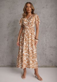 Renee - Brązowa Taliowana Sukienka z Wiskozy z Kopertowym Dekoltem Jynaela. Typ kołnierza: dekolt kopertowy. Kolor: brązowy. Materiał: wiskoza. Wzór: nadruk. Typ sukienki: kopertowe. Styl: boho #4
