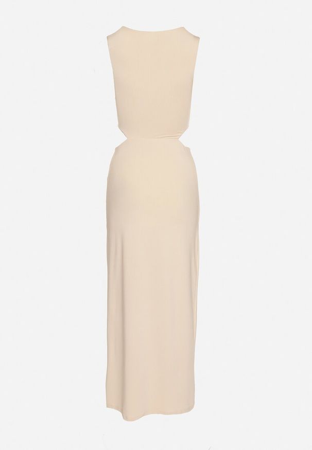 Born2be - Jasnobeżowa Sukienka z Wiskozą Ozdobiona Wycięciami i Metalową Aplikacją Odivaria. Kolor: beżowy. Materiał: wiskoza. Wzór: aplikacja. Styl: klasyczny