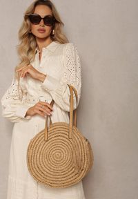 Renee - Beżowa Pleciona Okrągła Torebka Shopperka z Długimi Rączkami i Paskiem Acelema. Kolor: beżowy. Styl: klasyczny, elegancki, casual