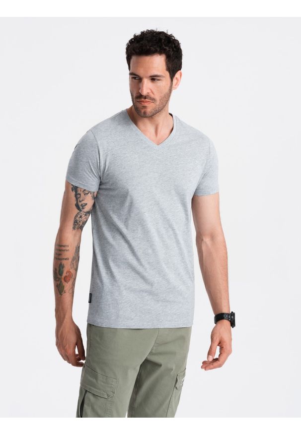 Ombre Clothing - Klasyczna męska bawełniana koszulka z dekoltem w serek BASIC – szary melanż V16 - Rozmiar: L. Typ kołnierza: dekolt w serek. Kolor: szary. Materiał: bawełna. Wzór: melanż. Styl: klasyczny