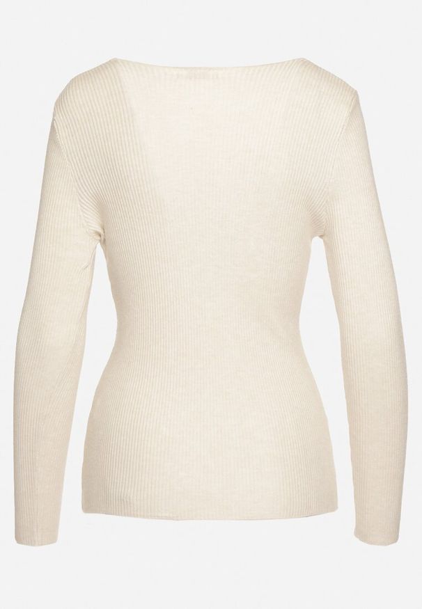 Born2be - Jasnobeżowy Sweter Prążkowany z Trójkątnym Dekoltem Vorila. Okazja: na co dzień. Kolor: beżowy. Materiał: prążkowany. Styl: elegancki, casual