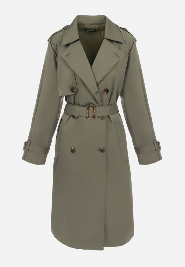 Born2be - Ciemnozielony Płaszcz Trencz Dwurzędowy z Paskiem Cloimia. Okazja: na co dzień. Kolor: zielony. Materiał: tkanina, dzianina. Długość rękawa: długi rękaw. Długość: do kolan. Sezon: wiosna, jesień. Styl: elegancki, casual, klasyczny, wizytowy