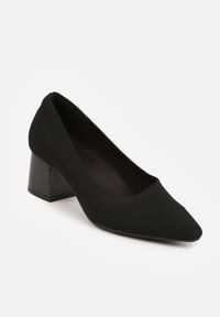 Renee - Czarne Strukturalne Czółenka VICES na Słupkowym Obcasie Abathise. Nosek buta: otwarty. Kolor: czarny. Materiał: skóra, materiał. Obcas: na obcasie. Wysokość obcasa: średni #7